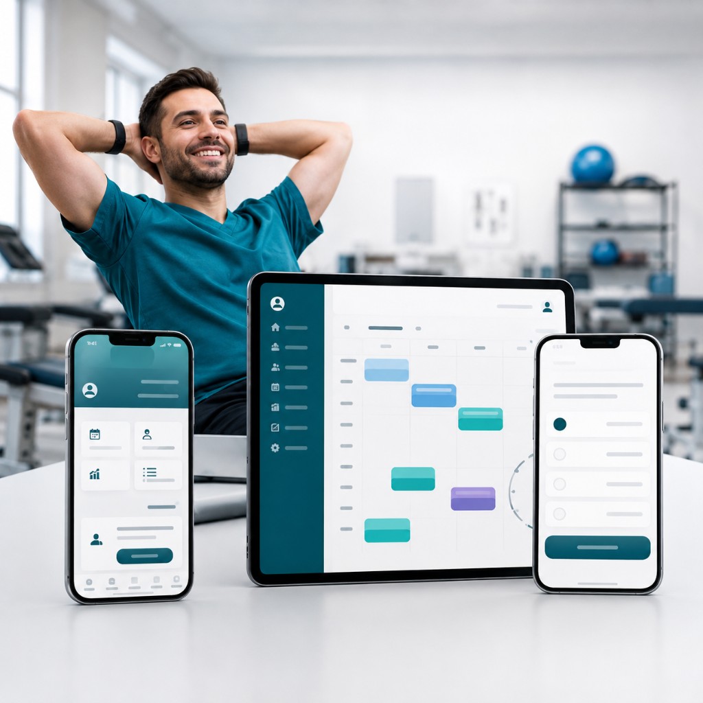 Phyzioline clinic app on tablet and phones — same clinic account