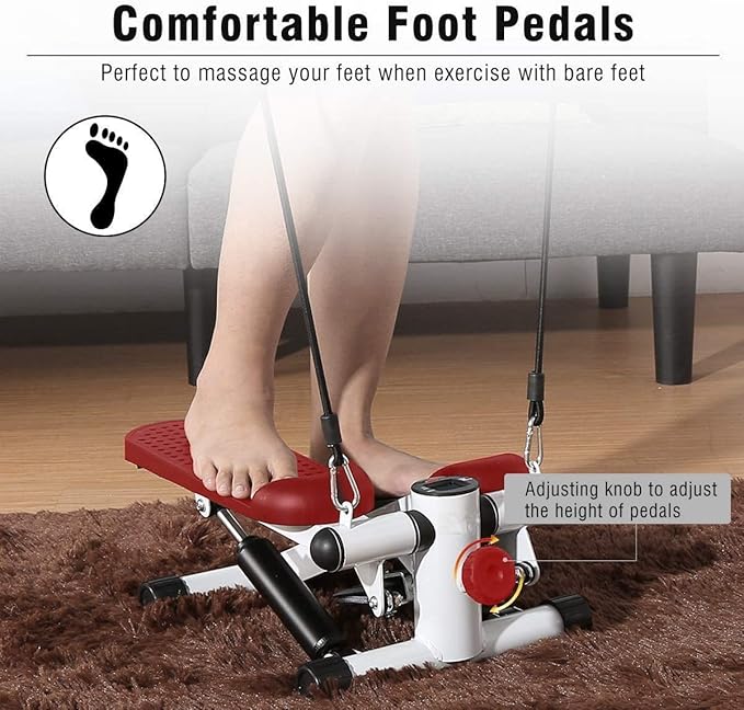 Mini Fitness Leg Stepper for Men and Women - Cardio Exercise Trainer With Monitor and Resistance Bands - Mini Stair Stepping Equipment Without Installation - White