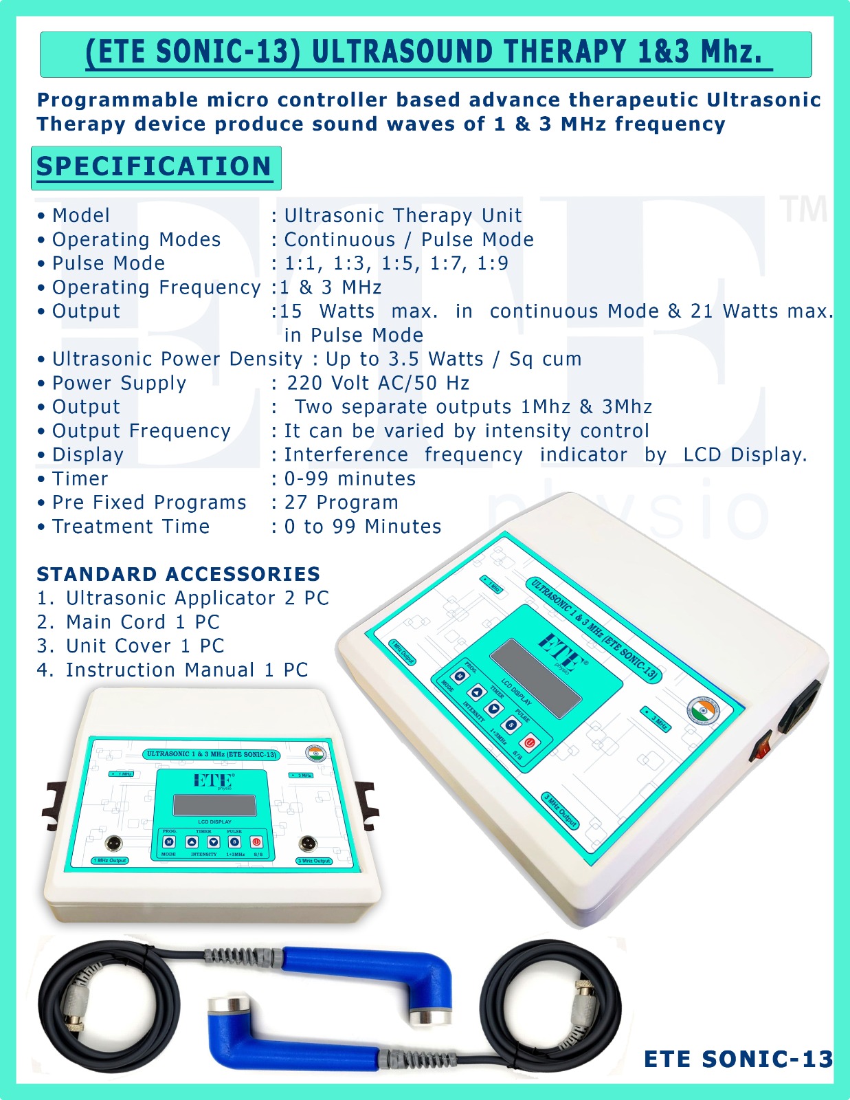 ETE Sonic-13 Dual Frequency Ultrasound Therapy Unit (1 MHz & 3 MHz)