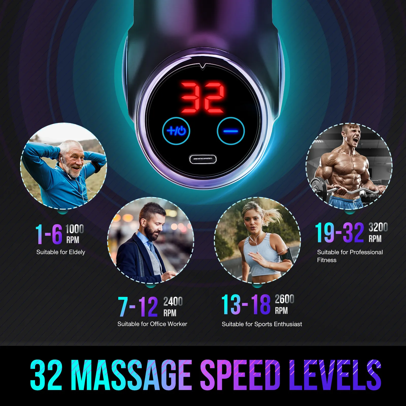 Tunitaigi Mini Handheld Pain Relief Massager with LED Touch Screen, 32 Speed ​​Levels (Black)