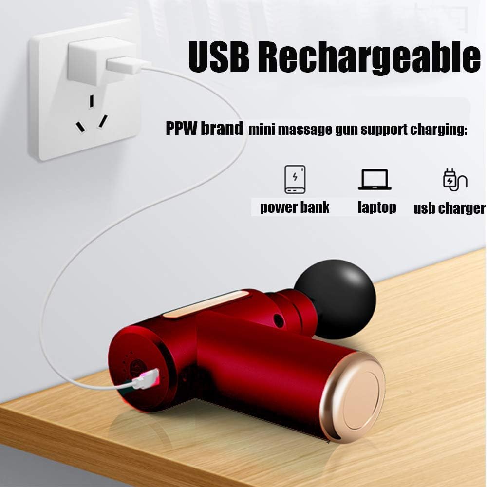 مسدس مساج  لون أحمر، طراز ميني، مع 4 رؤوس تدليك و6 سرعات وشحن USB، يتميز بشريحة ذكية وعمر بطارية طويل، يعمل بتقنية الاهتزاز